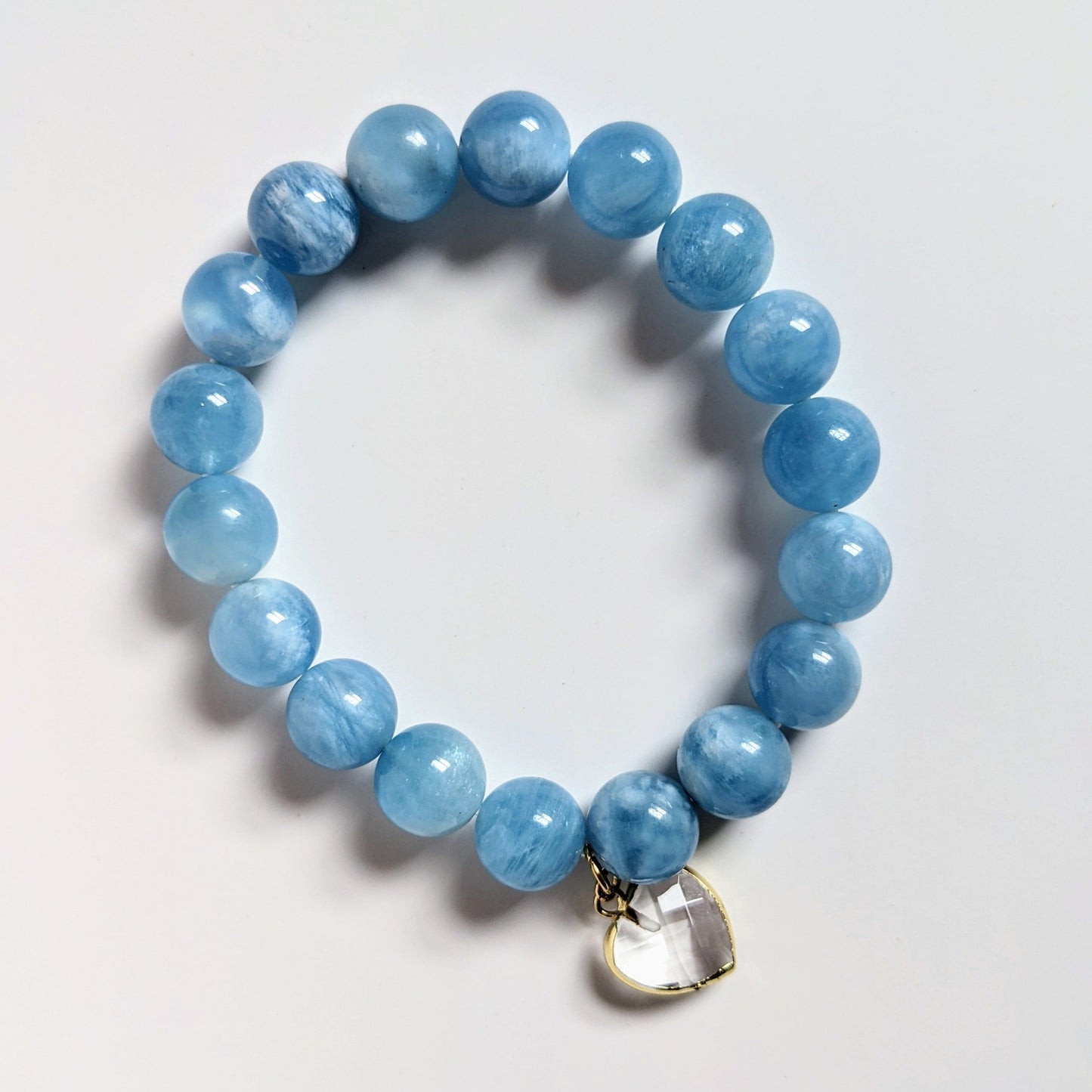 Large Aquamarine Beaded Bracelet with Clear Quartz Heart Charm